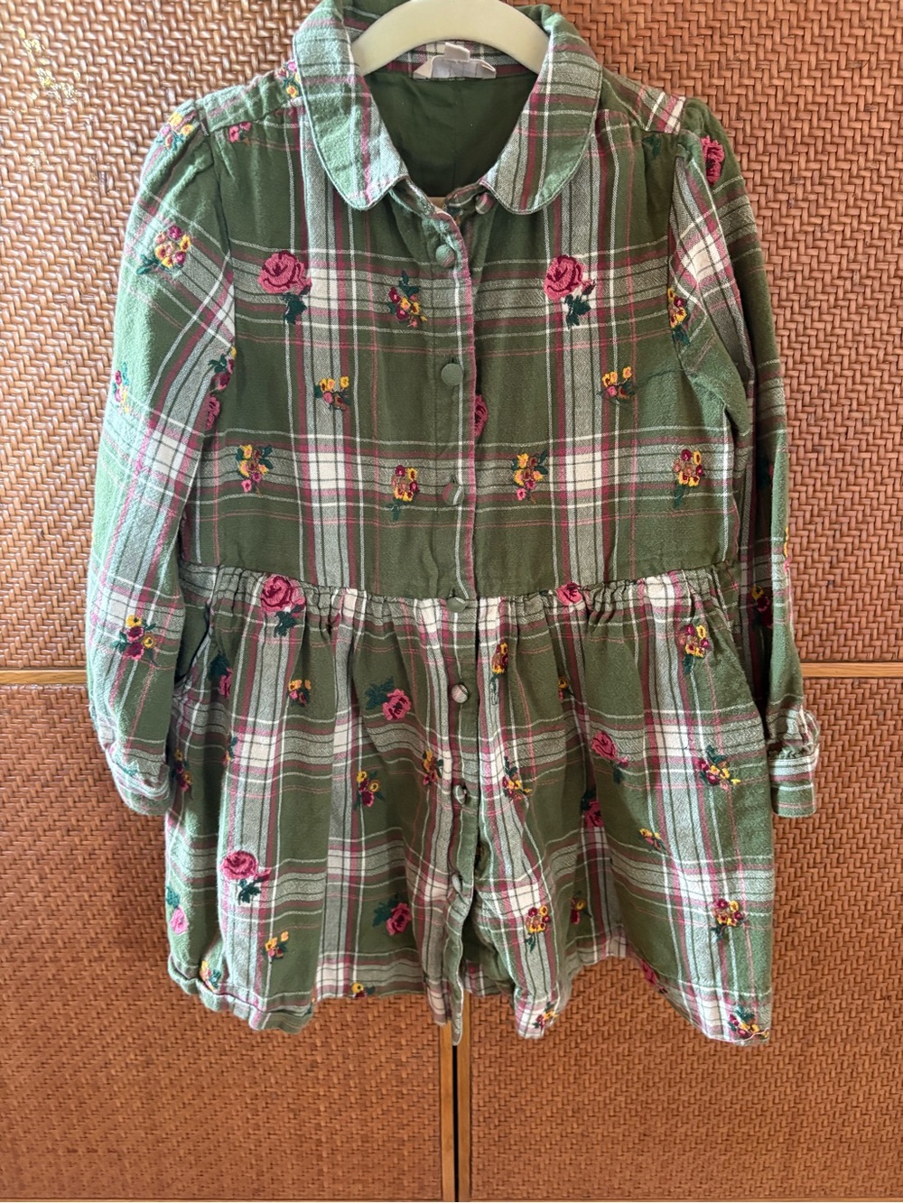 Sezane Green Plaid Floral Long-Sleeve Dress